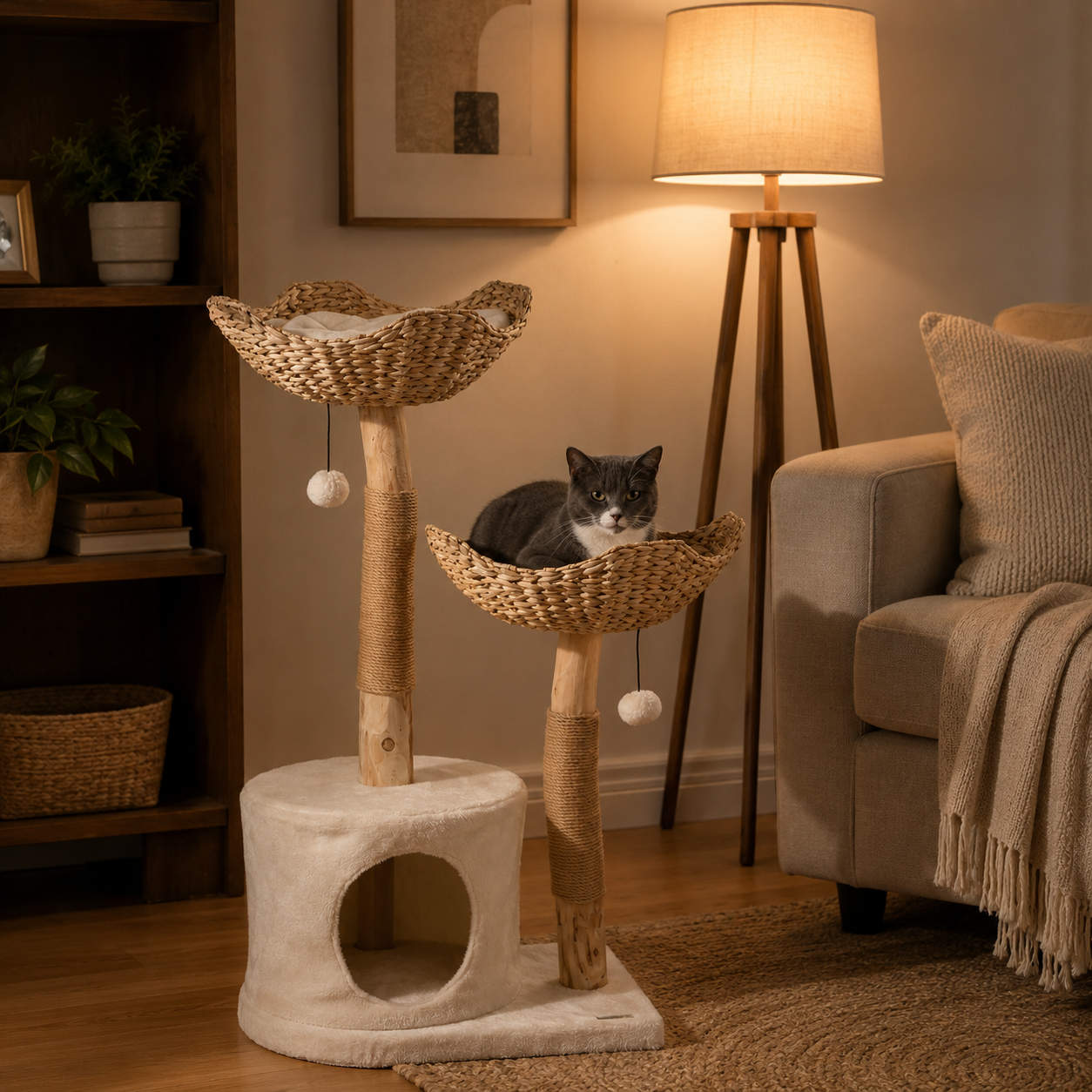 Modern Rattan Cat Tree with Wooden Scratching Posts Condo Hammock Beds Cushions Toy Balls Anti-Tip Kit