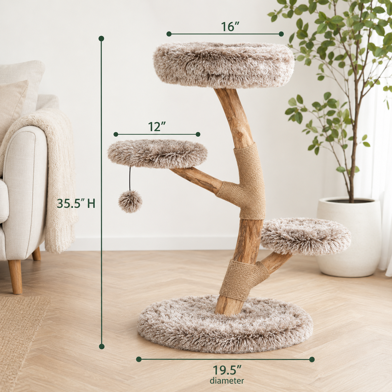 Natural Pear Wood Cat Tree with Plush Perches Jute Scratching Posts 4 Levels Anti-Tip Kit
