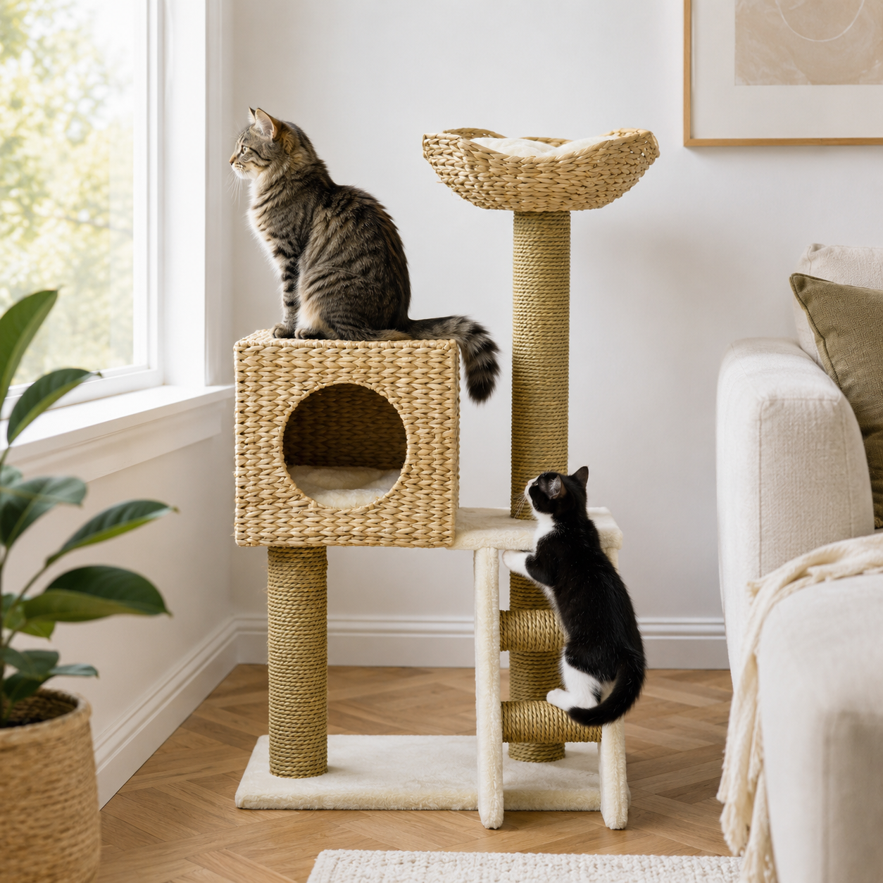 Modern Cattail Weave Cat Tree Tower with Rattan Condo & Sisal Scratching Post | Velnesto