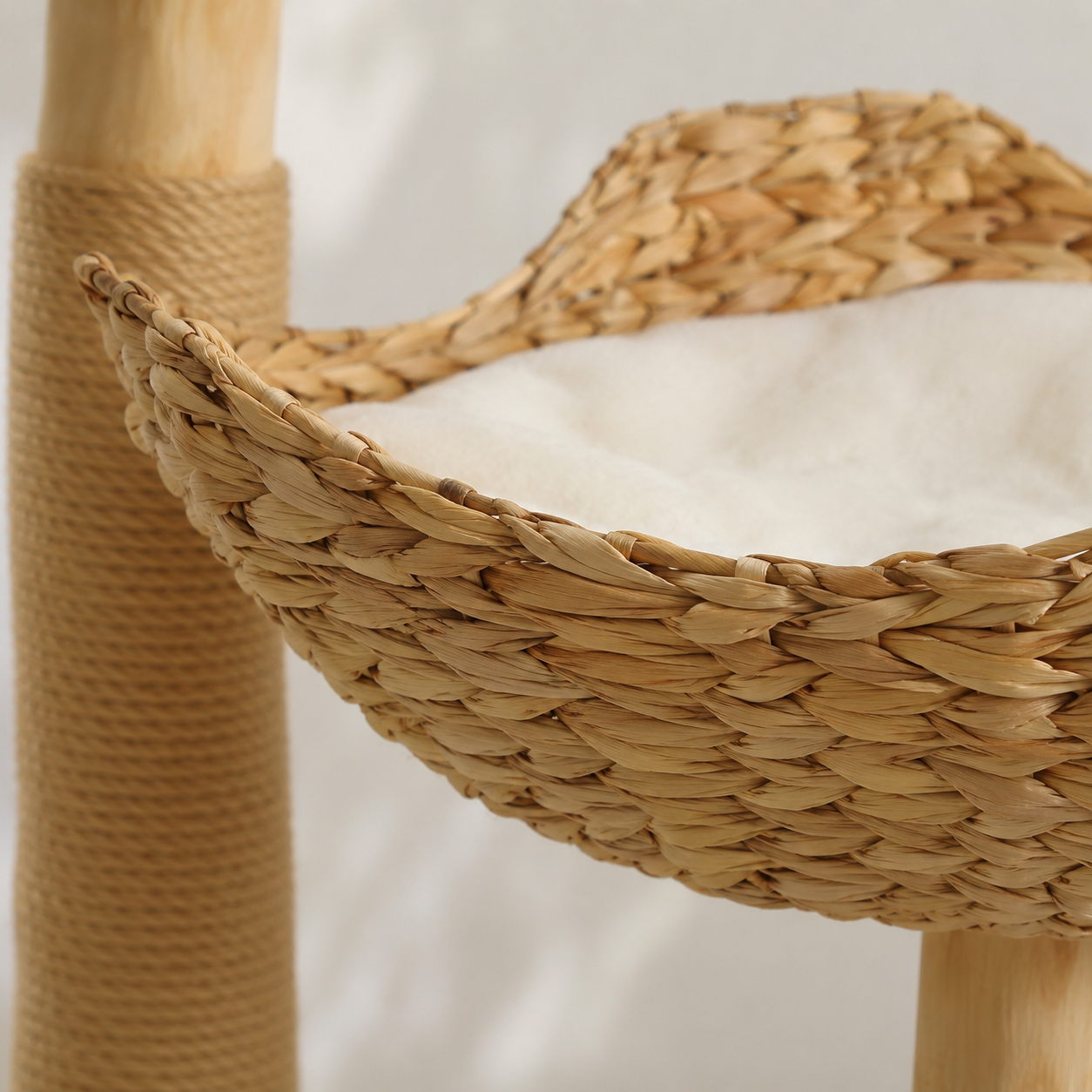 Modern Rattan Cat Tree with Wooden Scratching Posts Condo Hammock Beds Cushions Toy Balls Anti-Tip Kit