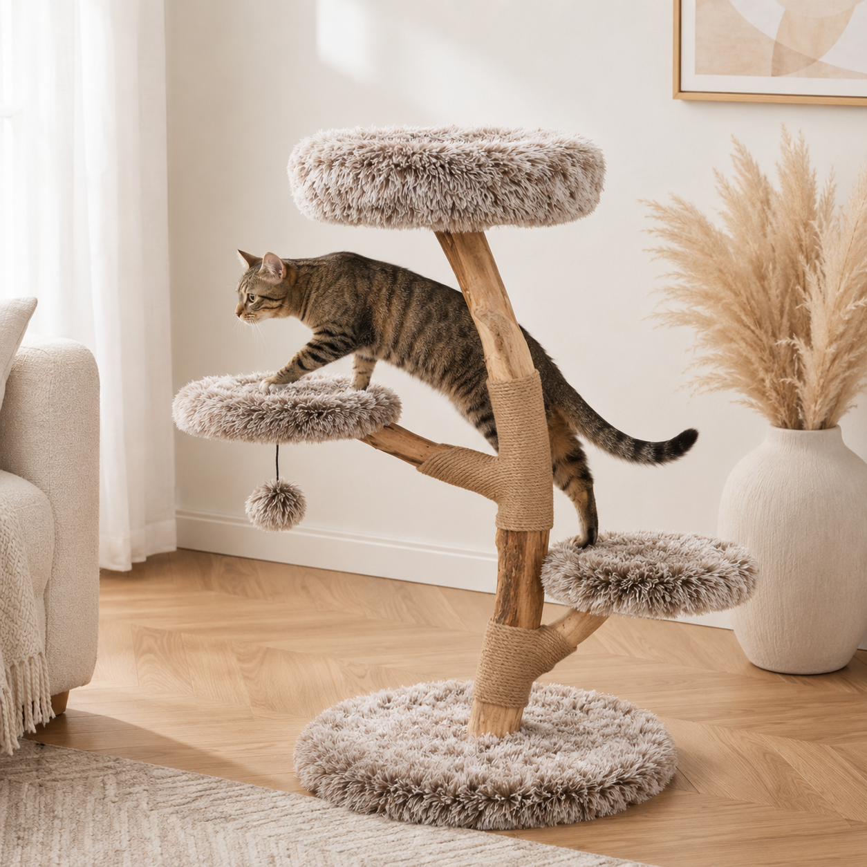 Natural Pear Wood Cat Tree with Plush Perches Jute Scratching Posts 4 Levels Anti-Tip Kit