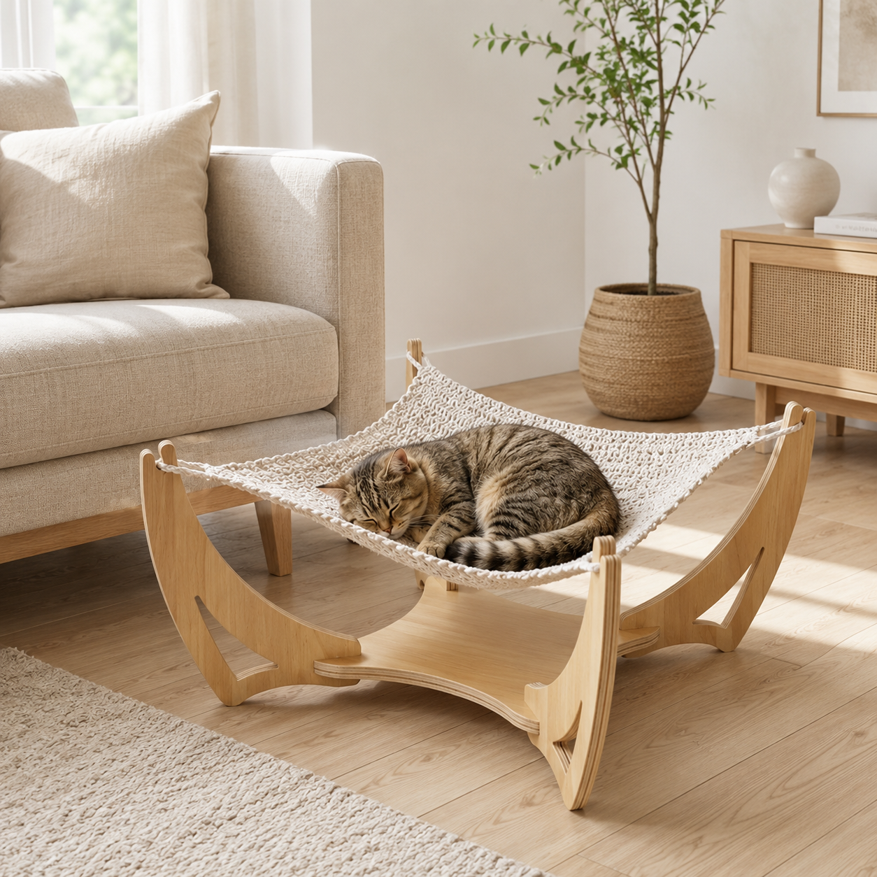 Woven Cat Sling Bed with Solid Wood Frame