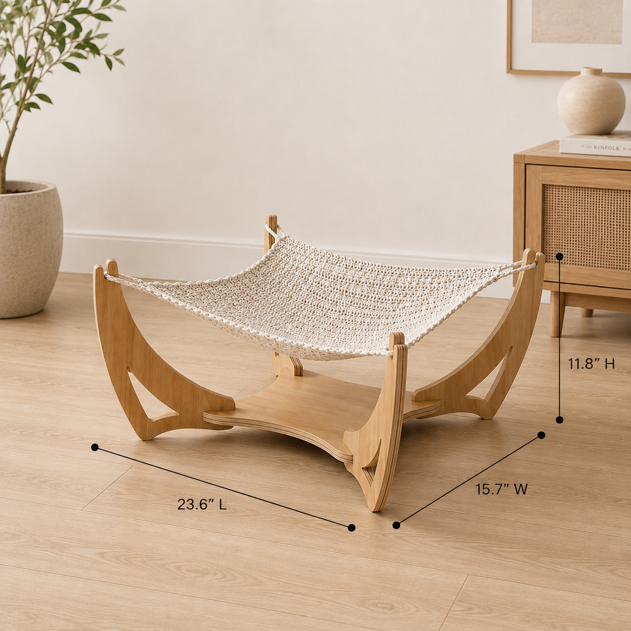 Woven Cat Sling Bed with Solid Wood Frame