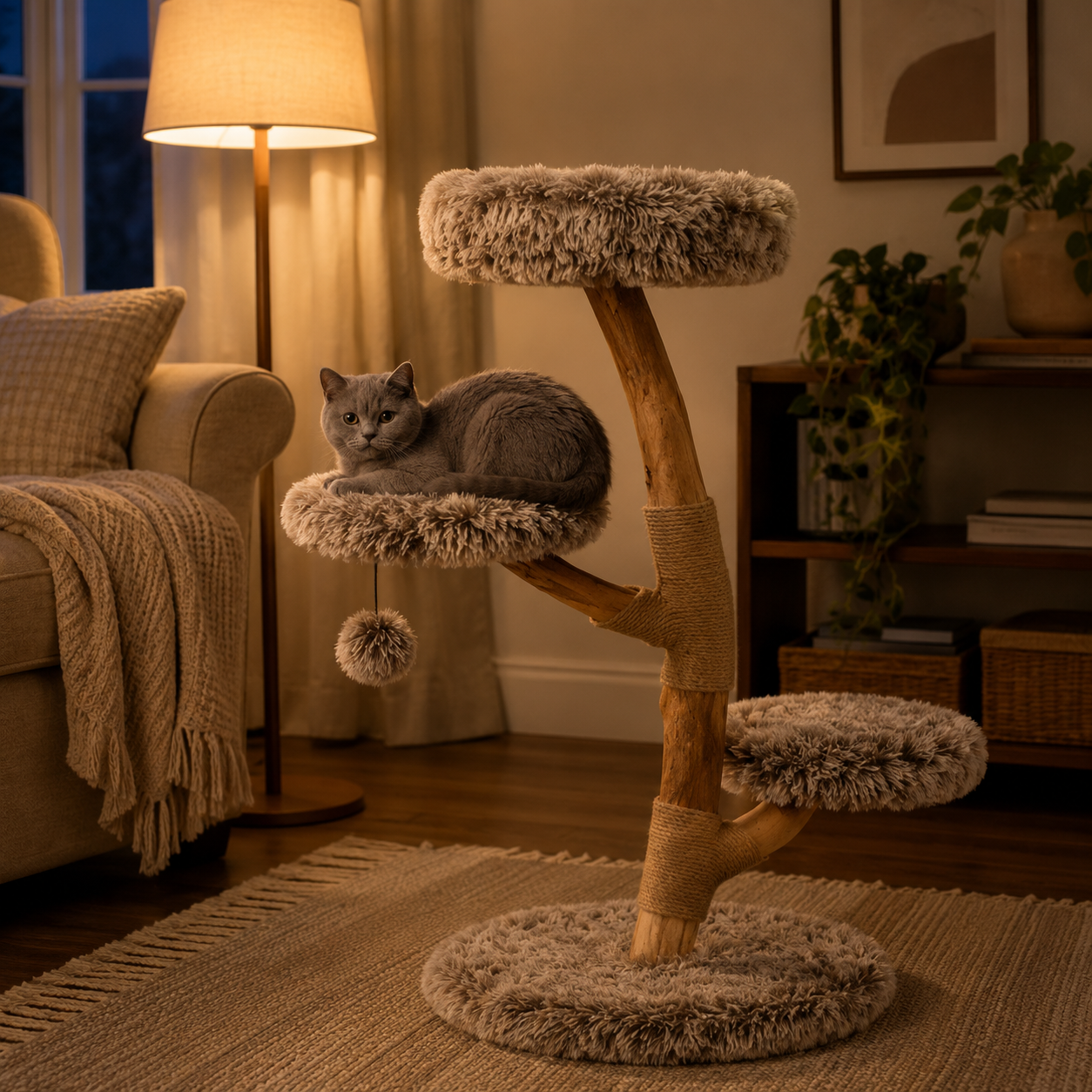 Natural Pear Wood Cat Tree with Plush Perches Jute Scratching Posts 4 Levels Anti-Tip Kit