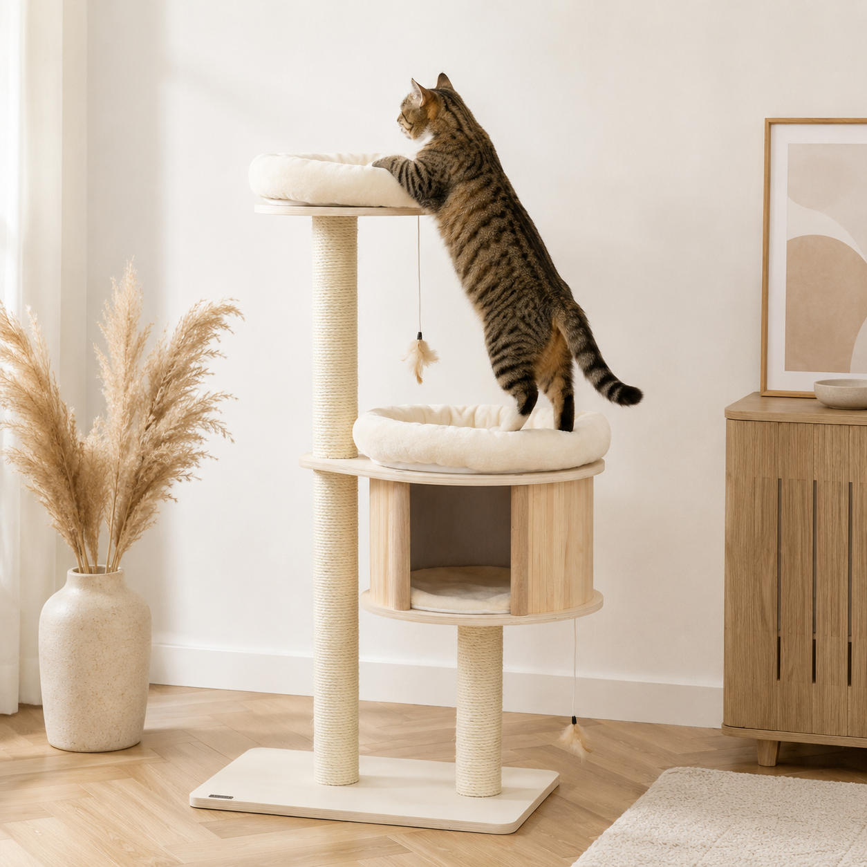 Modern Cat Tree with Sisal Scratching Posts Wooden Condo 3 Platforms Plush Perches Badminton Toys