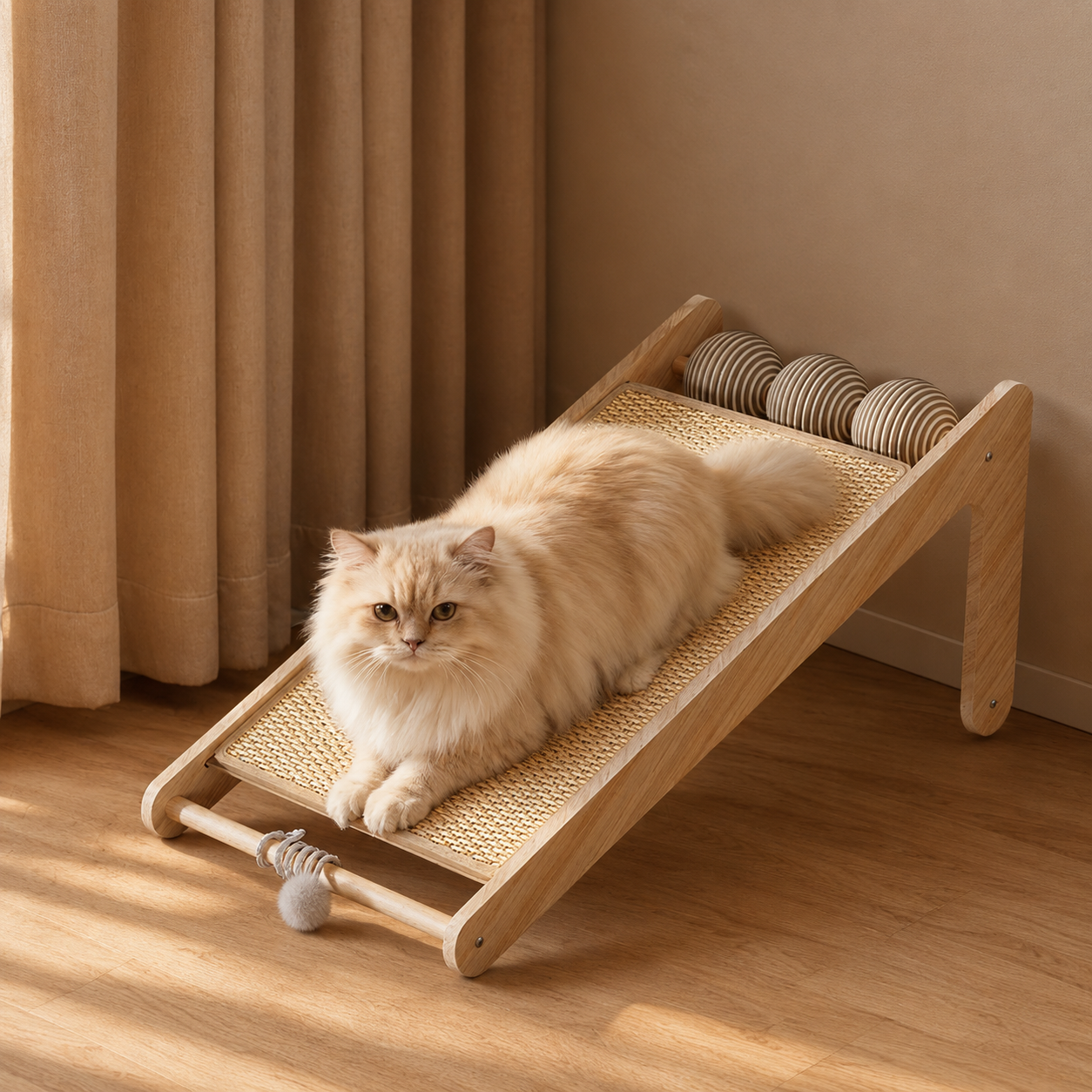 Vertical Sisal Cat Scratcher with Wooden Frame Hanging Teaser Ball and Roller Balls