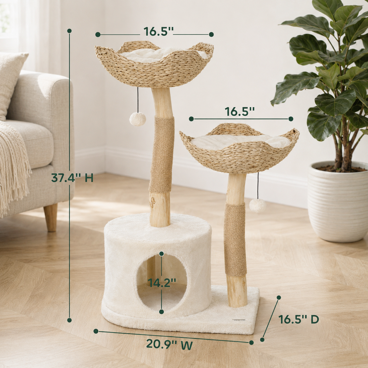Modern Rattan Cat Tree with Wooden Scratching Posts Condo Hammock Beds Cushions Toy Balls Anti-Tip Kit