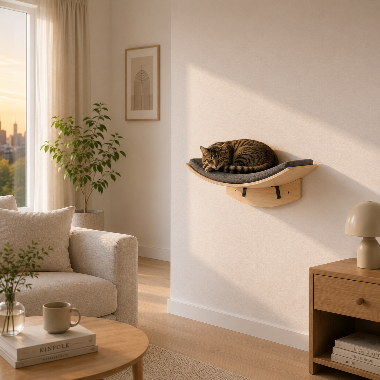 Curved Wall-Mounted Cat Perch with Soft Cushion