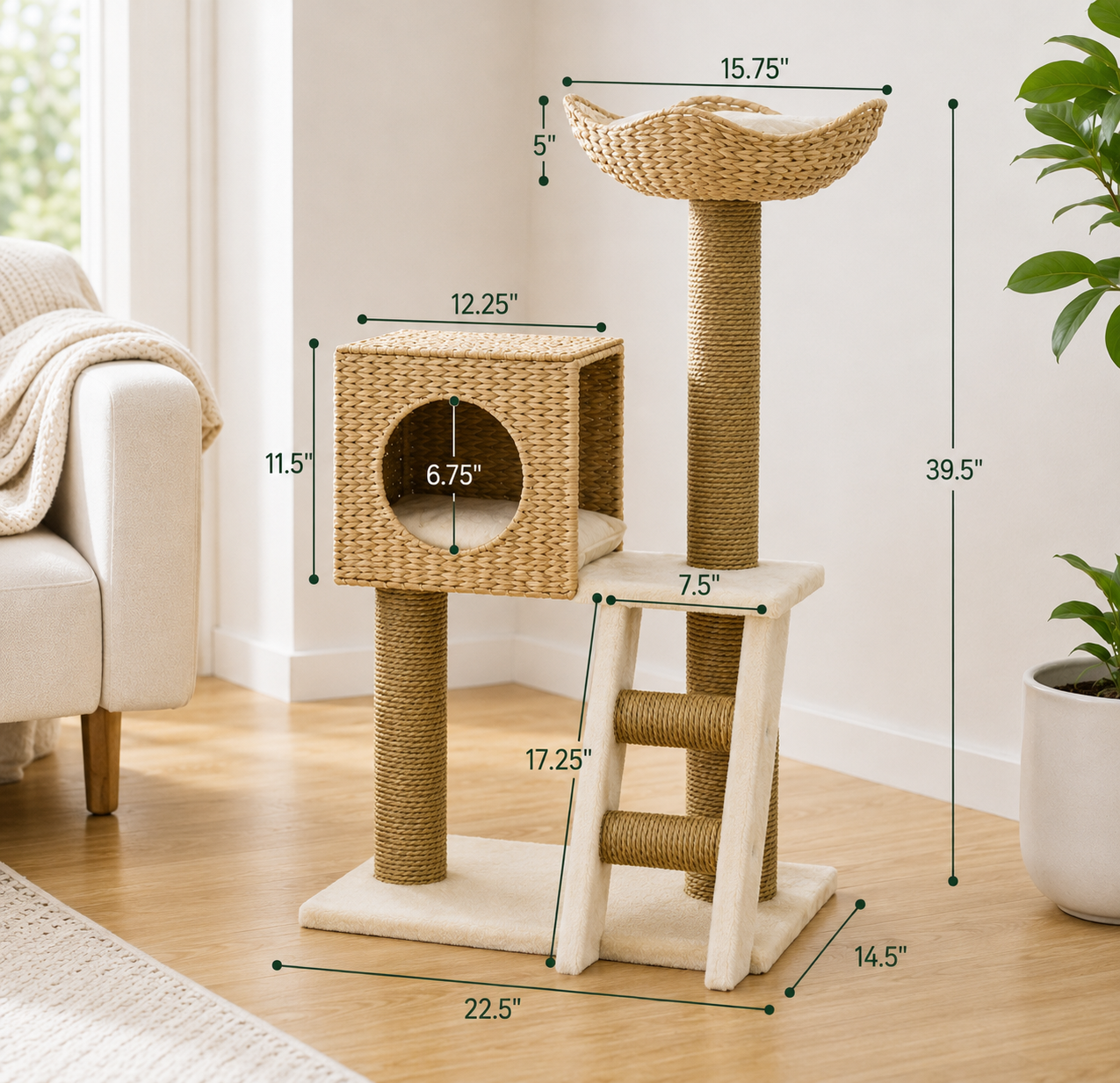 Modern Cattail Weave Cat Tree Tower with Rattan Condo & Sisal Scratching Post | Velnesto