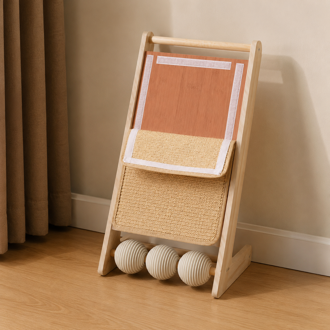 Vertical Sisal Cat Scratcher with Wooden Frame Hanging Teaser Ball and Roller Balls