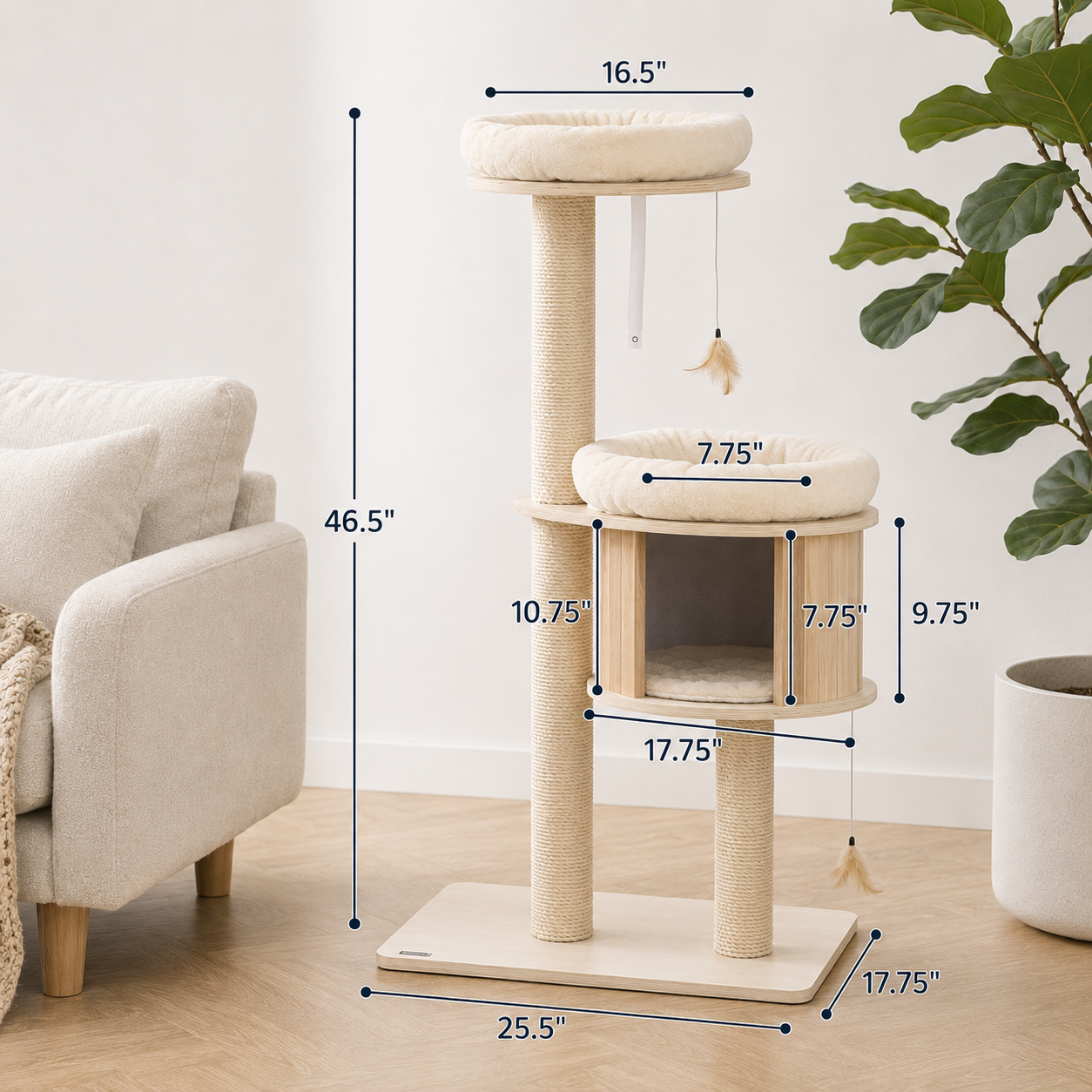Modern Cat Tree with Sisal Scratching Posts Wooden Condo 3 Platforms Plush Perches Badminton Toys