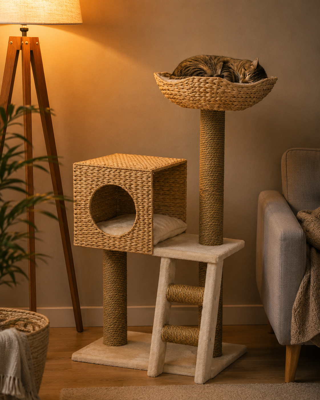 Modern Cattail Weave Cat Tree Tower with Rattan Condo & Sisal Scratching Post | Velnesto