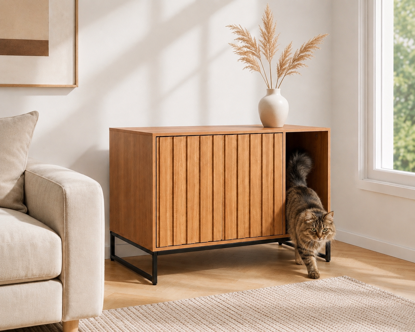 Cat Litter Box Enclosure Cabinet with Slat Door & Storage — 31.5" | Velnesto